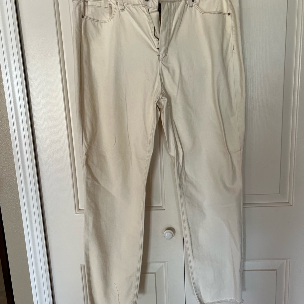 NWOT Cream Straight-Leg Jeans, distressed hem
